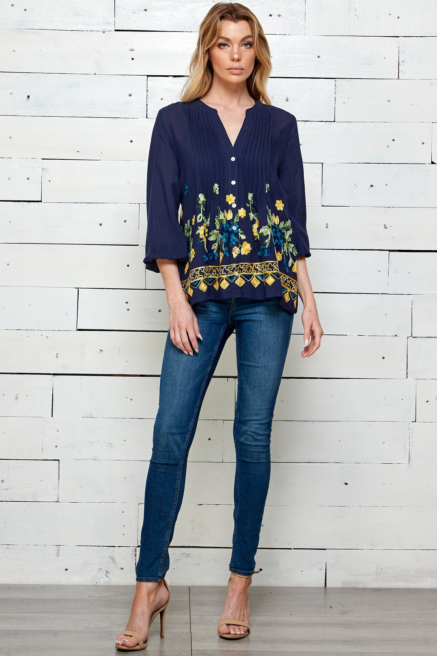 Figueroa & Flower Navy Embroidered Blouse