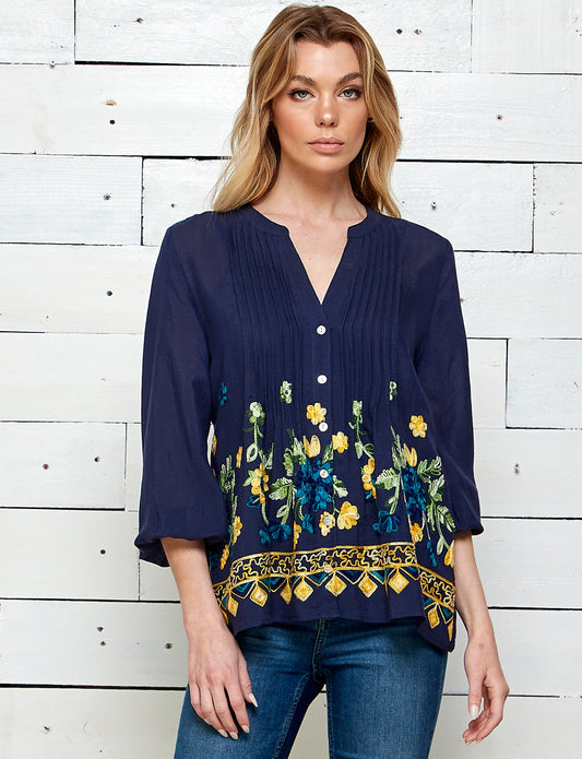 Figueroa & Flower Navy Embroidered Blouse